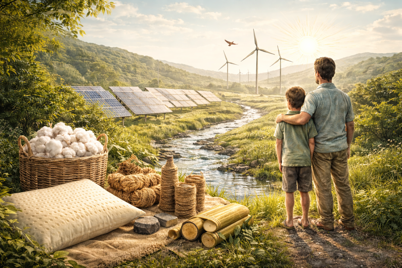 A sunset landscape with wind turbines and solar panels, representing renewable energy and nature-friendly choices.